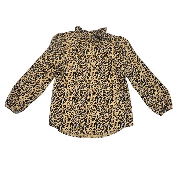 J Crew Women Size Small Animal Print Long Sleeve Blouse High Ruffle Neck Office - Picture 2 of 12
